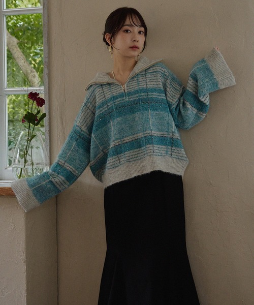 mideal（マイディール）の「half zip check knit / ハーフジップチェックニット（ニット/セーター・レディース・ブルー/ボルドー・FREE）」の22枚目の写真