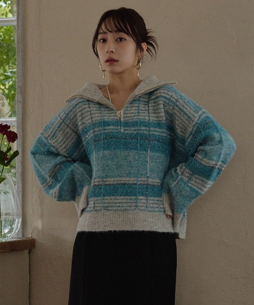 half zip check knit / ハーフジップチェックニット（ニット/セーター