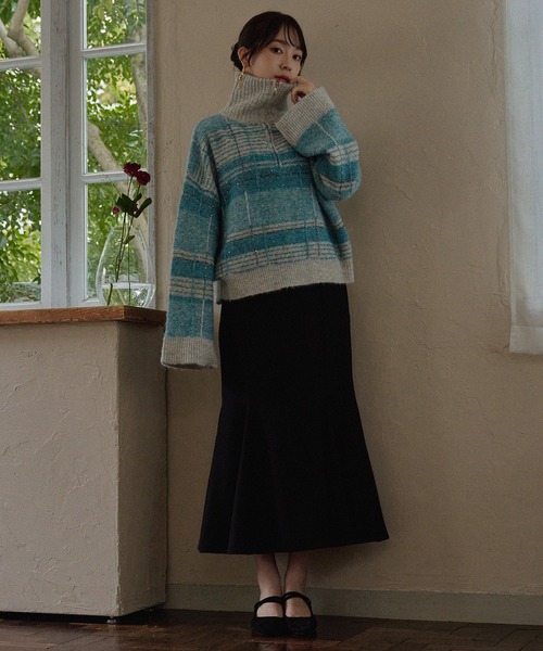 half zip check knit / ハーフジップチェックニット（ニット/セーター