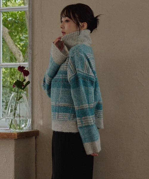 half zip check knit / ハーフジップチェックニット（ニット/セーター