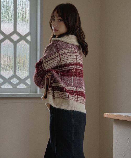 half zip check knit / ハーフジップチェックニット（ニット/セーター