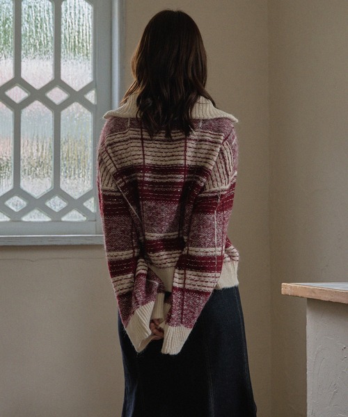 half zip check knit / ハーフジップチェックニット（ニット/セーター