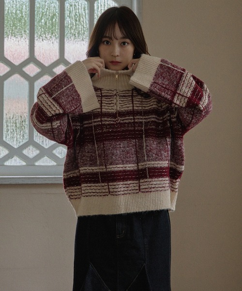 half zip check knit / ハーフジップチェックニット half zip check knit / ハーフジップチェックニット（ニット/セーター