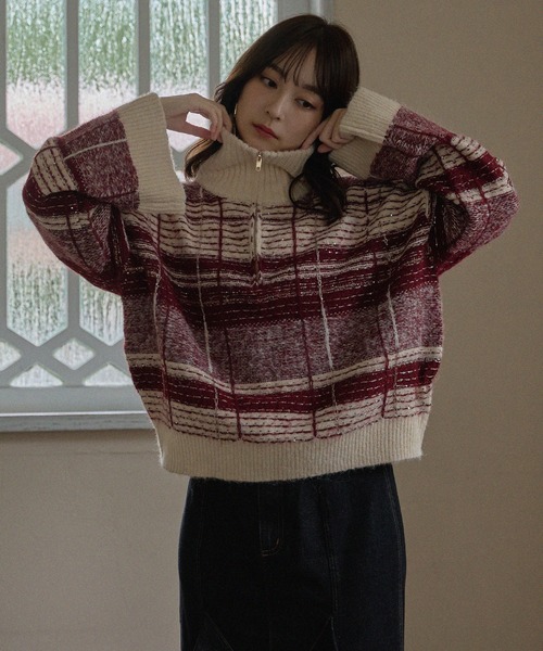 half zip check knit / ハーフジップチェックニット（ニット/セーター