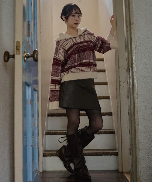 mideal（マイディール）の「half zip check knit / ハーフジップチェックニット（ニット/セーター・レディース・ブルー/ボルドー・FREE）」の16枚目の写真