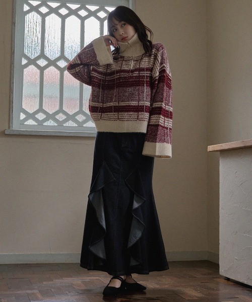 mideal（マイディール）の「half zip check knit / ハーフジップチェックニット（ニット/セーター・レディース・ブルー/ボルドー・FREE）」の10枚目の写真