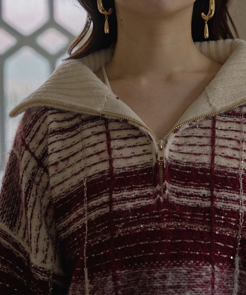 mideal（マイディール）の「half zip check knit / ハーフジップチェックニット（ニット/セーター・レディース・ブルー/ボルドー・FREE）」の18枚目の写真