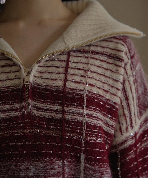 mideal（マイディール）の「half zip check knit / ハーフジップチェックニット（ニット/セーター・レディース・ブルー/ボルドー・FREE）」の19枚目の写真