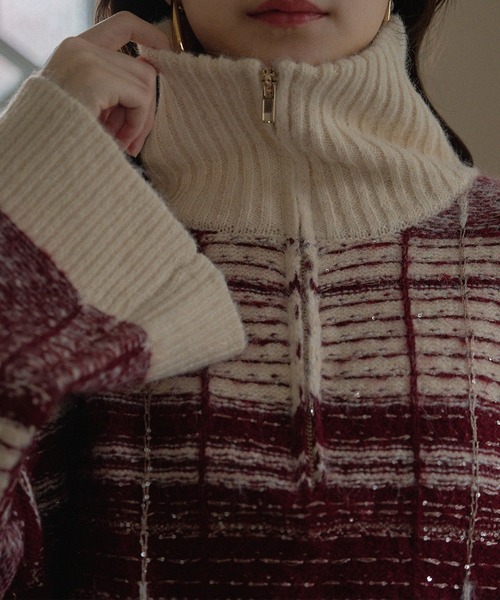 mideal（マイディール）の「half zip check knit / ハーフジップチェックニット（ニット/セーター・レディース・ブルー/ボルドー・FREE）」の21枚目の写真