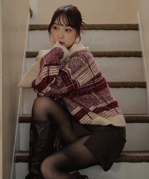 mideal（マイディール）の「half zip check knit / ハーフジップチェックニット（ニット/セーター・レディース・ブルー/ボルドー・FREE）」の14枚目の写真