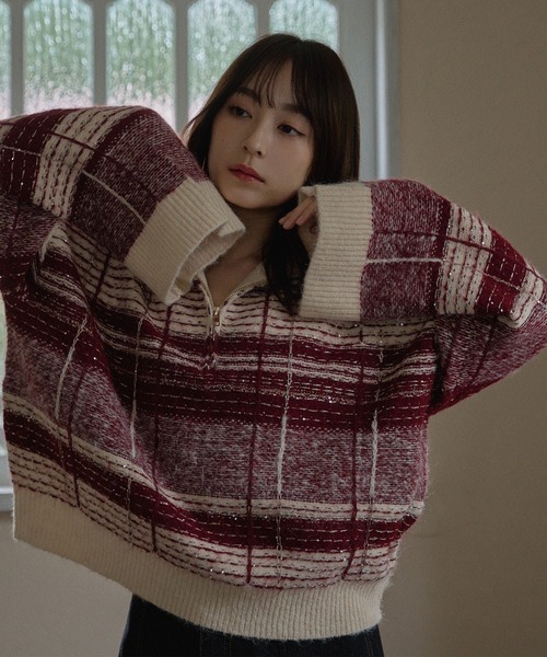 half zip check knit / ハーフジップチェックニット half zip check knit / ハーフジップチェックニット（ニット/セーター