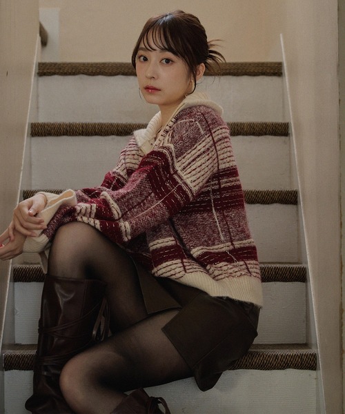 mideal（マイディール）の「half zip check knit / ハーフジップチェックニット（ニット/セーター・レディース・ブルー/ボルドー・FREE）」の15枚目の写真