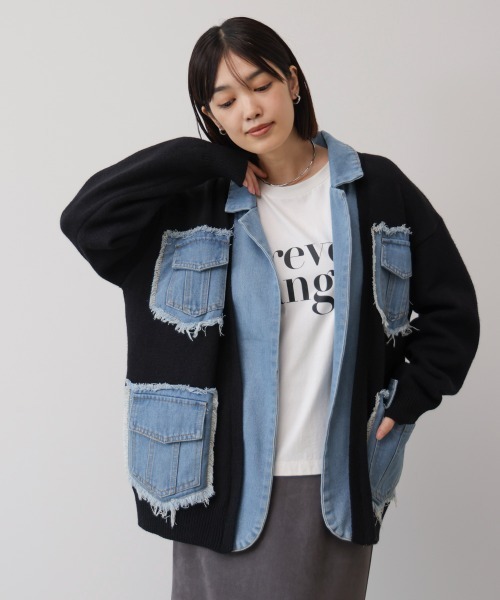 Bou Jeloud（ブージュルード）の「ニットコンビデニムジャケット（その他アウター・レディース・ベージュ/ブラック/グレー・FREE）」の2枚目の写真