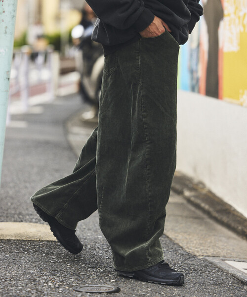 セール】ワイドシルエット ブリーチ加工 カーブ コーデュロイパンツ