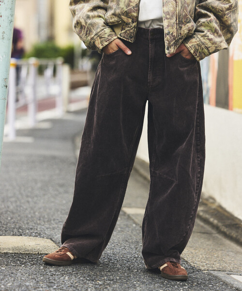 セール】ワイドシルエット ブリーチ加工 カーブ コーデュロイパンツ