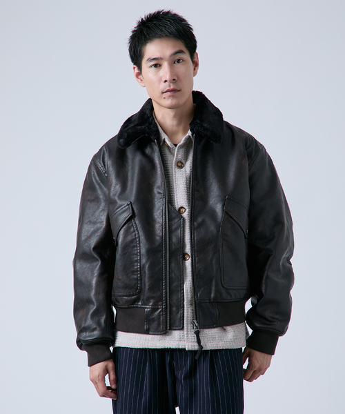 B.C STOCK（ベーセーストック）の「フェイクレザー G1 フライトジャケット（ミリタリージャケット・メンズ・ブラウン・LARGE/MEDIUM）」の16枚目の写真