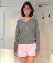 Scallop V-Neck Pullover Knit (Melange Grey)