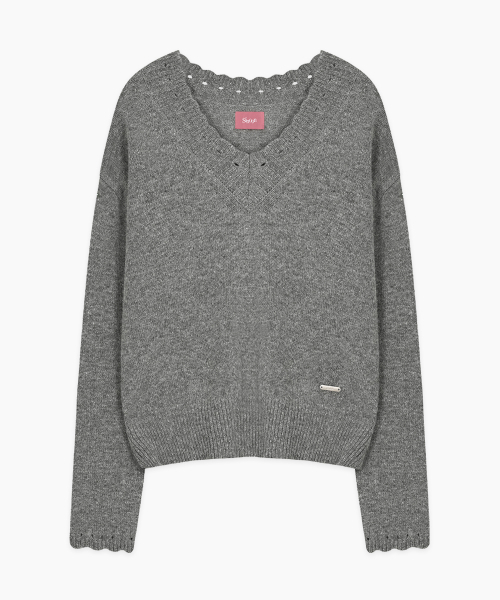 SINOON(シヌーン)の「Scallop V-Neck Pullover Knit (Melange Grey)(ニット/セーター・レディース・グレー・FREE)」の4枚目の写真