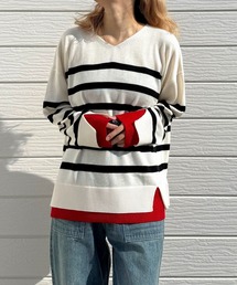 Q | ボーダーVネックニット(ニット/セーター)