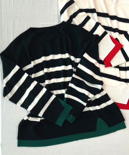 タグ付　DOUBLE STANDARD CLOTHING ボーダーニット セール】ボーダーVネックニット（ニット/セーター）｜Q（キュー）の