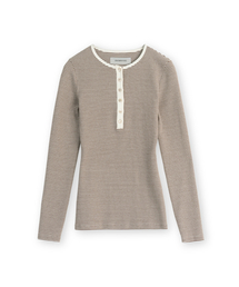 BROWNYARD（ブラウンヤード）の「W ヘンリーネック ロングスリーブ、ブラウンストライプ（Tシャツ/カットソー）」