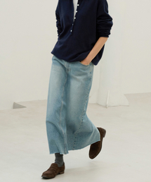 Rear-Slit Denim Long Skirt - Mid Blue