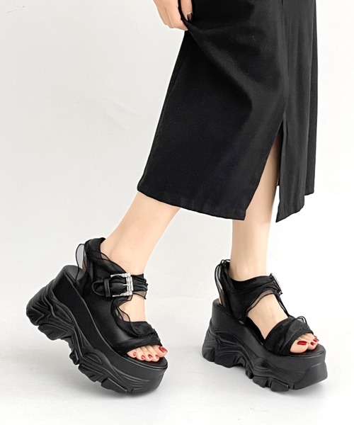 セール】+10.5㎝ 軽量 厚底 ダブルソール シフォンバックル サンダル