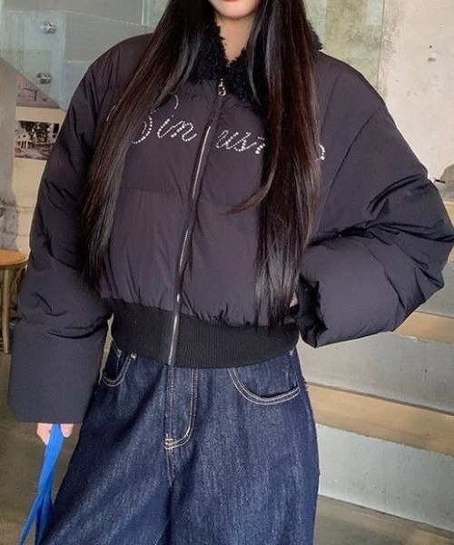 セール】もこもこ襟ラインストーン英字ロゴダウンジャケット（ダウン