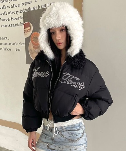 girl　Stone  メッシュダウンジャケット01AW セール】もこもこ襟ラインストーン英字ロゴダウンジャケット（ダウン