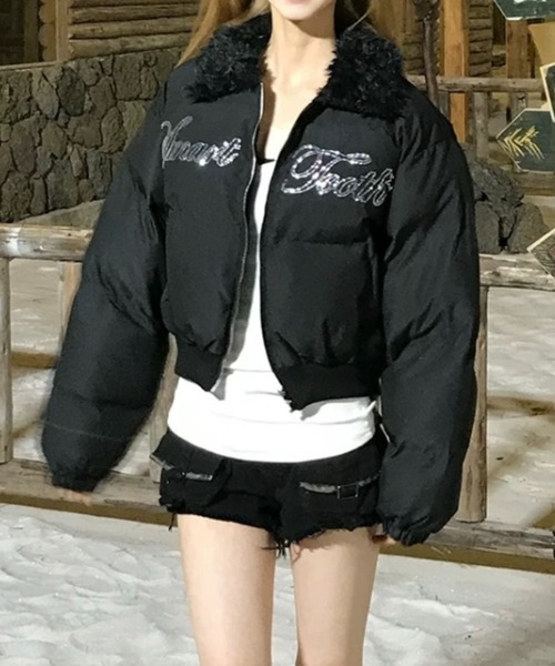 セール】もこもこ襟ラインストーン英字ロゴダウンジャケット（ダウン