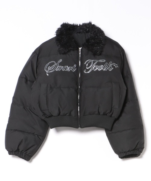 セール】もこもこ襟ラインストーン英字ロゴダウンジャケット（ダウン