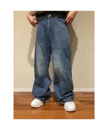 【Blss】【Bling Leads】ユーズド加工ワイドデニムパンツ