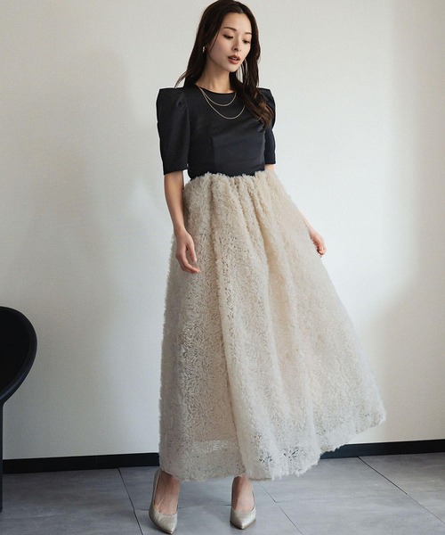 girl（ガール）の「モコモコセットアップドレス チュールフリル ロングスカート セパレート 2点セット 結婚式 ワンピース パーティードレス オケージョンドレス お呼ばれ 二次会 成人式 同窓会 謝恩会《着用動画あり》（ドレス・レディース・ホワイト系/ベージュ×ブラック/チャコールグレー・S/L/M）」の14枚目の写真