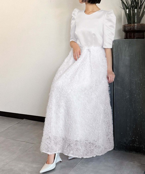 girl(ガール)の「モコモコセットアップドレス チュールフリル ロングスカート セパレート 2点セット 結婚式 ワンピース パーティードレス オケージョンドレス お呼ばれ 二次会 成人式 同窓会 謝恩会《着用動画あり》(ドレス・レディース・ホワイト系/ベージュ×ブラック/チャコールグレー・S/L/M)」の13枚目の写真