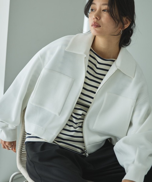 Doux archives（ドゥアルシーヴ）の「【EC限定】モチモチシリーズ/ボンディングクロップドブルゾン（ブルゾン・レディース・オフホワイト/ブラック/ピンク・FREE）」の2枚目の写真