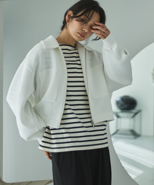 Doux archives（ドゥアルシーヴ）の「【EC限定】モチモチシリーズ/ボンディングクロップドブルゾン（ブルゾン・レディース・オフホワイト/ブラック/ピンク・FREE）」の5枚目の写真