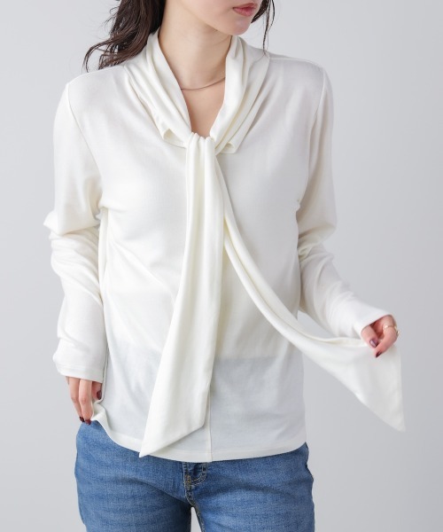 Bou Jeloud（ブージュルード）の「前後２ＷＡＹリボンタイカットソー（Tシャツ/カットソー・レディース・オフホワイト/グレー/ブラック/ネイビー・FREE）」の5枚目の写真