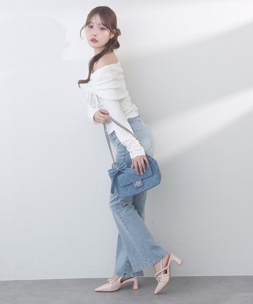 one after another NICE CLAUP(ワンアフターアナザーナイスクラップ)の「リボンドロストオフショルニットソー(Tシャツ/カットソー・レディース・チャコールグレー/ライトピンク/ブラック/アイボリー・FREE)」の18枚目の写真