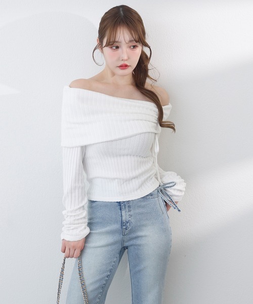 one after another NICE CLAUP(ワンアフターアナザーナイスクラップ)の「リボンドロストオフショルニットソー(Tシャツ/カットソー・レディース・チャコールグレー/ライトピンク/ブラック/アイボリー・FREE)」の20枚目の写真