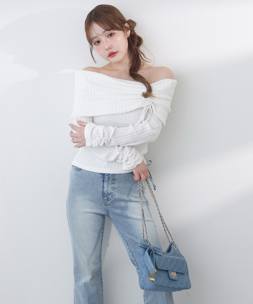 one after another NICE CLAUP(ワンアフターアナザーナイスクラップ)の「リボンドロストオフショルニットソー(Tシャツ/カットソー・レディース・チャコールグレー/ライトピンク/ブラック/アイボリー・FREE)」の21枚目の写真