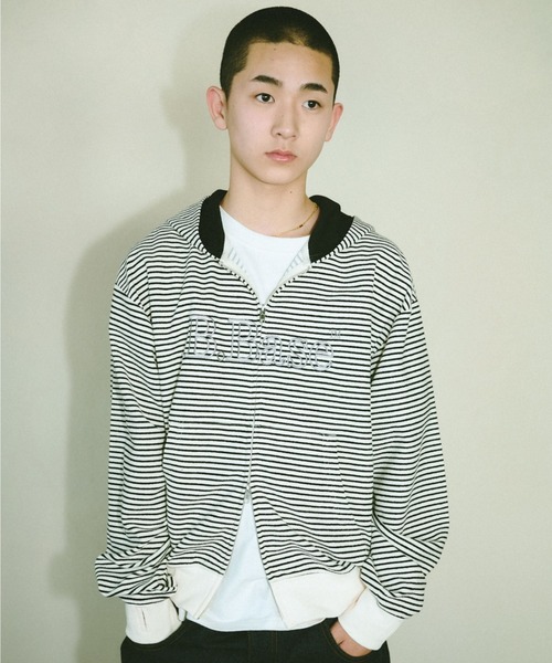 BROKEN BASE（ブロークンベース）の「B.Base Border Double-Zip Hoodie / B.Base ボーダーダブルジップフーディー（パーカー・メンズ・グレー系/ブルー系/ブラック系/カーキ系/アイボリー系/ブラウン系・SMALL/MEDIUM/LARGE）」の2枚目の写真