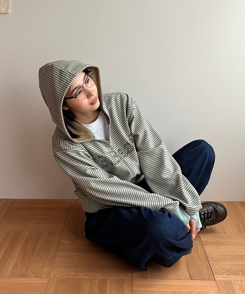 BROKEN BASE（ブロークンベース）の「B.Base Border Double-Zip Hoodie / B.Base ボーダーダブルジップフーディー（パーカー・メンズ・グレー系/ブルー系/ブラック系/カーキ系/アイボリー系/ブラウン系・SMALL/MEDIUM/LARGE）」の13枚目の写真