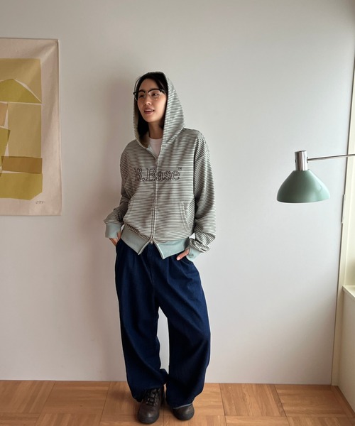 BROKEN BASE（ブロークンベース）の「B.Base Border Double-Zip Hoodie / B.Base ボーダーダブルジップフーディー（パーカー・メンズ・グレー系/ブルー系/ブラック系/カーキ系/アイボリー系/ブラウン系・SMALL/MEDIUM/LARGE）」の15枚目の写真