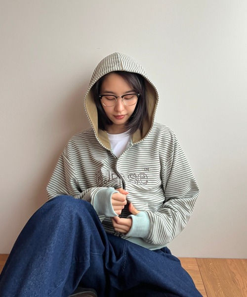 BROKEN BASE（ブロークンベース）の「B.Base Border Double-Zip Hoodie / B.Base ボーダーダブルジップフーディー（パーカー・メンズ・グレー系/ブルー系/ブラック系/カーキ系/アイボリー系/ブラウン系・SMALL/MEDIUM/LARGE）」の16枚目の写真
