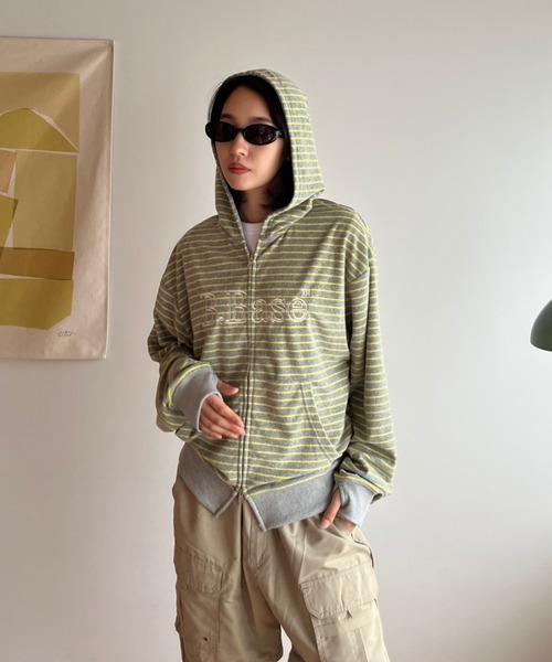 BROKEN BASE（ブロークンベース）の「B.Base Border Double-Zip Hoodie / B.Base ボーダーダブルジップフーディー（パーカー・メンズ・グレー系/ブルー系/ブラック系/カーキ系/アイボリー系/ブラウン系・SMALL/MEDIUM/LARGE）」の9枚目の写真