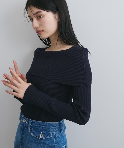 VIS（ビス）の「【WEB限定】オフショルダー風リブニットプルオーバー/アンチピリング・UVケア（ニット/セーター・レディース・ピンク/ネイビー/オフホワイト・FREE）」の3枚目の写真