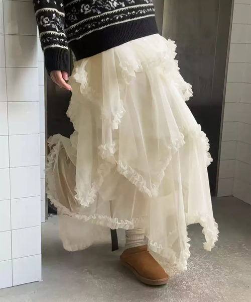 aimoha（アイモハ）の「レースレイヤード チュールロングスカート（スカート・レディース・ブラック/ライトベージュ・FREE）」の2枚目の写真