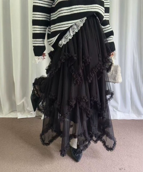 aimoha（アイモハ）の「レースレイヤード チュールロングスカート（スカート・レディース・ブラック/ライトベージュ・FREE）」の6枚目の写真