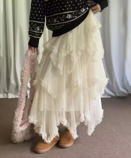 aimoha（アイモハ）の「レースレイヤード チュールロングスカート（スカート・レディース・ブラック/ライトベージュ・FREE）」の7枚目の写真