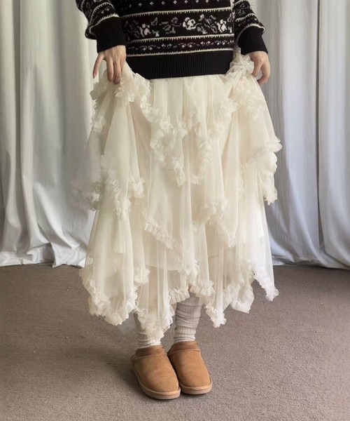 aimoha（アイモハ）の「レースレイヤード チュールロングスカート（スカート・レディース・ブラック/ライトベージュ・FREE）」の8枚目の写真